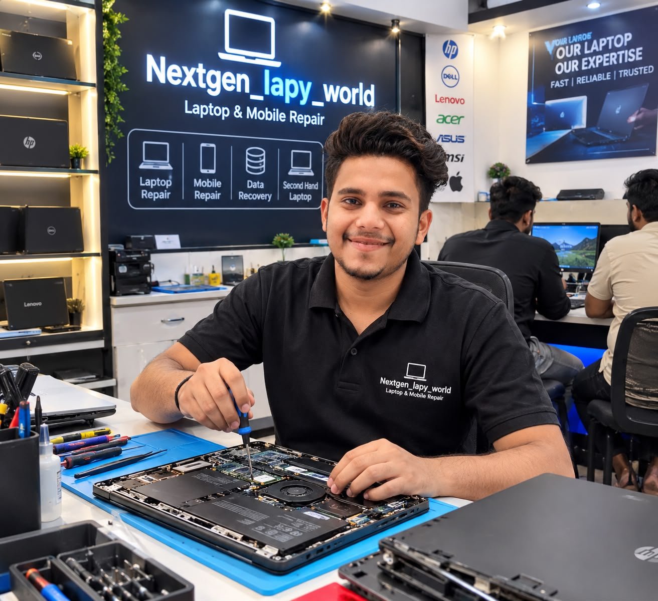 Laptop repair in progress at the NEXTGEN LAPY WORLD workbench